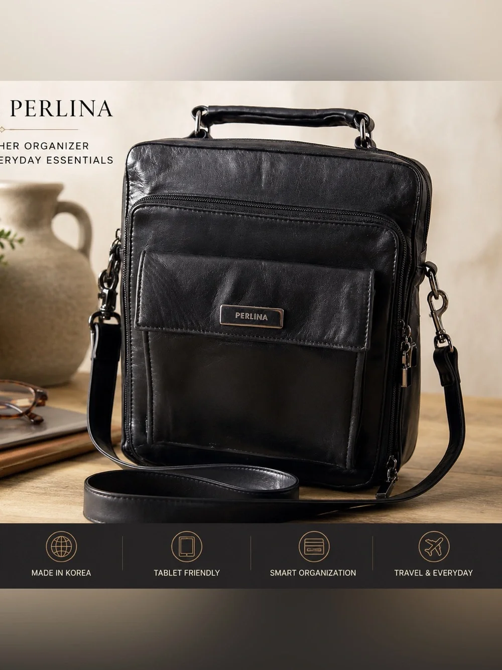 Vintage Perlina Black Leather Organizer Tablet Crossbody Messenger Travel Bag